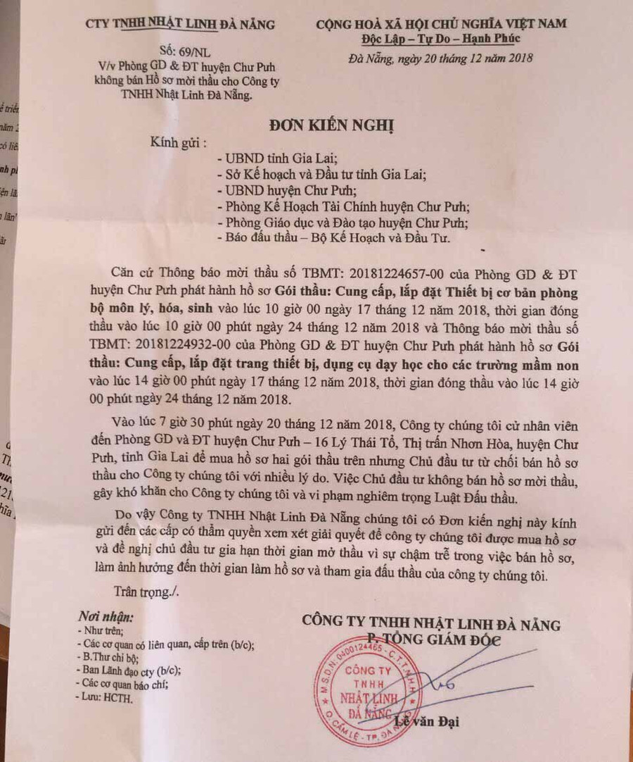 Đơn kiến nghị của Công ty TNHH Nhật Linh Đà Nẵng. Ảnh: Văn Ngọc