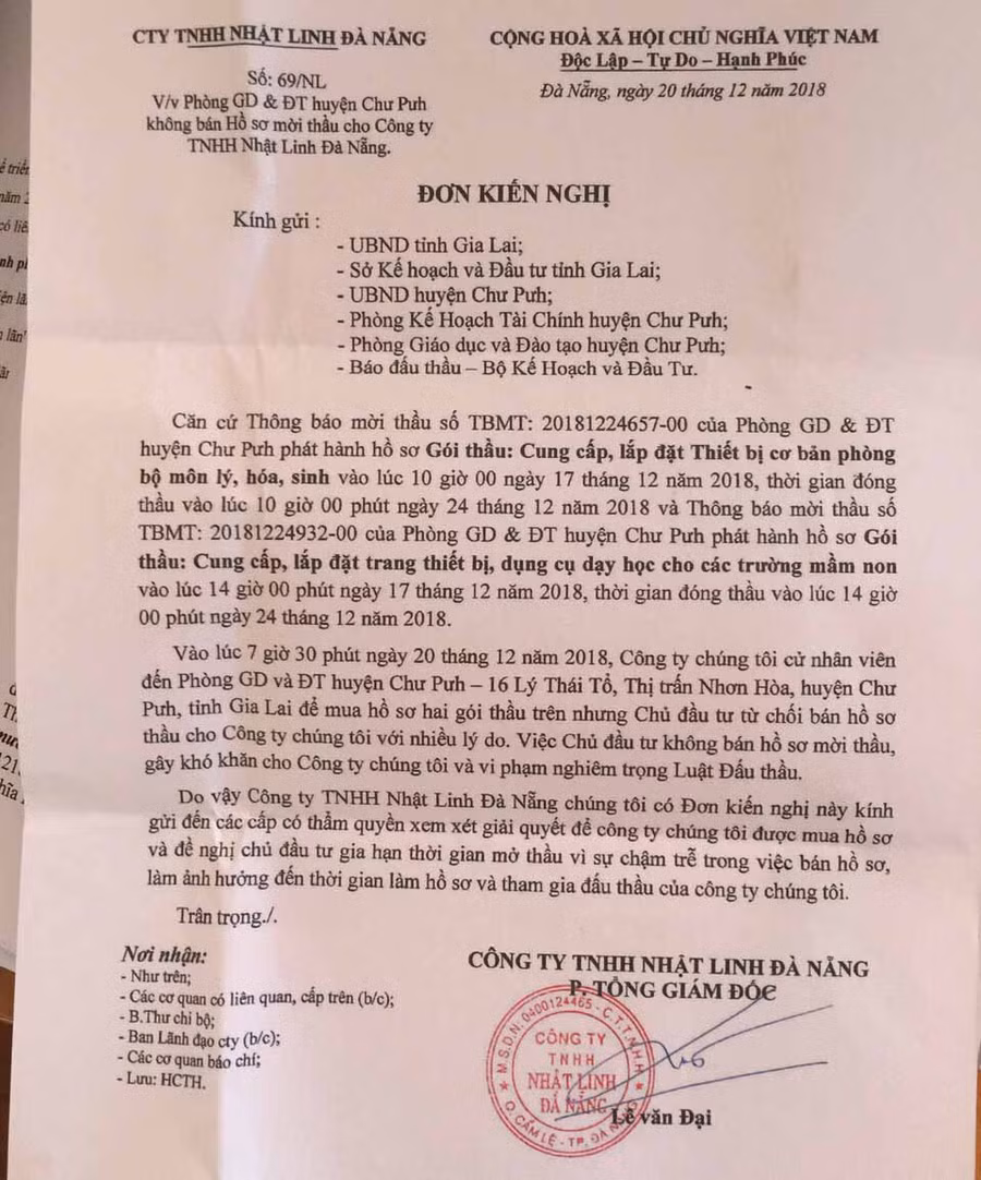Đơn kiến nghị của Công ty TNHH Nhật Linh Đà Nẵng. Ảnh: Văn Ngọc