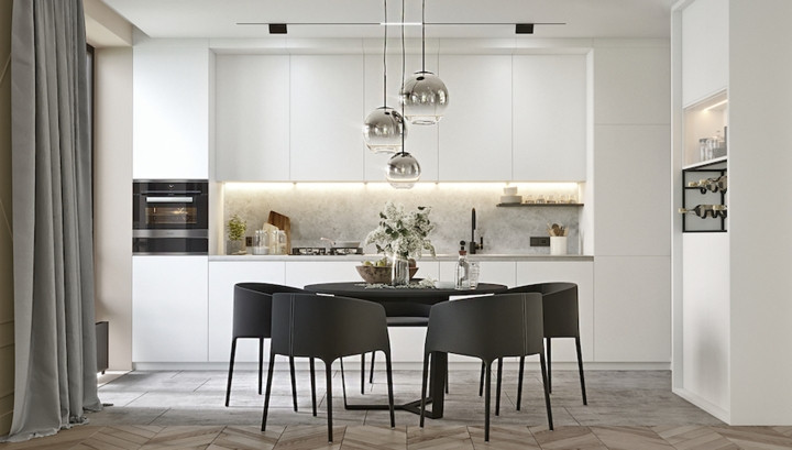 Tủ bếp màu trắng mang đến cảm giác gần như trong suốt, đèn âm tường giấu đằng sau tủ hỗ trợ chị em trong lúc nấu nướng đồng thời tạo điểm nhấn cho căn bếp.