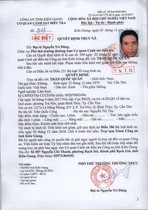 Quyết định truy nã Trần Quốc Quân (ảnh: cổng TTĐT Công an Kiên Giang)  Quyết định truy nã Trần Quốc Quân ẢNH: CỔNG TTĐT CÔNG AN KIÊN GIANG
