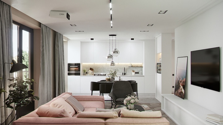 Màn cửa màu xám mang lại những phút giây nghỉ ngơi yên tĩnh cho chủ nhân, tường nhà sơn trắng dễ thay đổi và làm mới về sau.