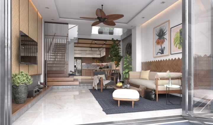 Phòng khách mang phong cách nhiệt đới với cây xanh rải đều khắp phòng, quạt trần bằng gỗ giảm nhiệt cho căn phòng vào những hôm mùa hè oi bức. Phòng khách mang phong cách nhiệt đới với cây xanh rải đều khắp phòng, quạt trần bằng gỗ giảm nhiệt cho căn phòng vào những hôm mùa hè oi bức.