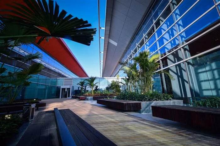 Xung quanh khu vực nhà ga được bài trí như một khu vườn sinh thái với những thảm cây xanh rì xen lẫn là hồ cá Koi trong lành, tươi mát tạo hiệu ứng kích thích giác quan mang lại sự thư giãn tối đa cho hành khách khi đặt chân đến sân bay. Đây cũng là sân bay đầu tiên ở Việt Nam có hồ cá Koi ngay trong khuôn viên.