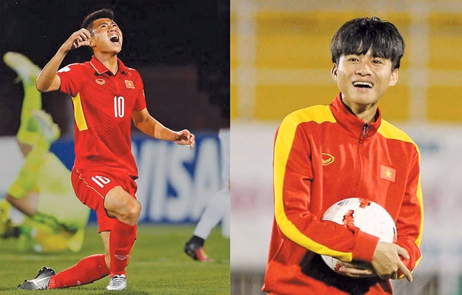  Tiền đạo Đinh Thanh Bình (bìa trái) và tiền vệ Phan Thanh Hậu. Ảnh: M.V