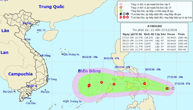 Hướng đi của áp thấp nhiệt đới trên Biển Đông trong những ngày tới. Ảnh: NCHMF. Hướng đi của áp thấp nhiệt đới trên Biển Đông trong những ngày tới. Ảnh: NCHMF.