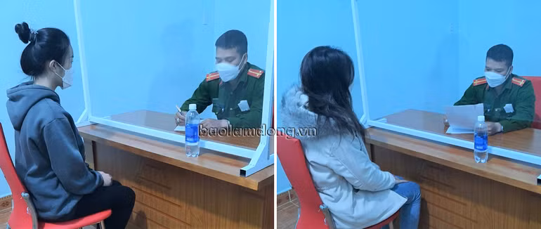 Công an huyện Bảo Lâm làm việc với 2 trong số 5 nghi can bị khởi tố, bắt tạm giam. Ảnh: Công an huyện Bảo Lâm cung cấp 