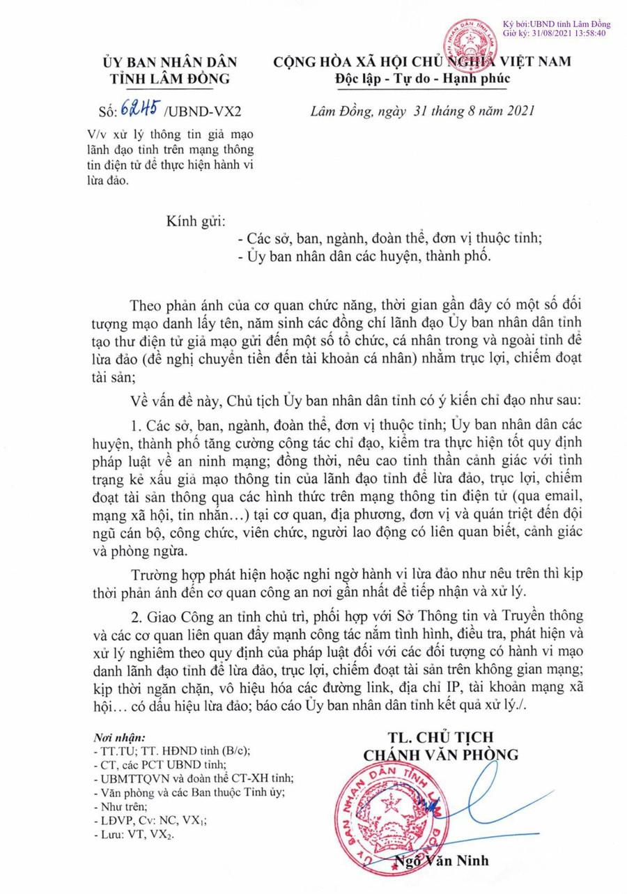 UBND tỉnh Lâm Đồng cảnh giác về tình trạng kẻ xấu mạo danh. Ảnh: Công an cung cấp