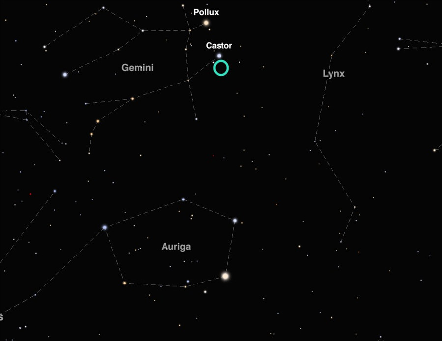 Bản đồ bầu trời mưa sao băng hiển thị vị trí của điểm phát mưa sao băng (hình tròn) trên bầu trời đêm Hà Nội 14.12 . Sao băng có thể xuất hiện ở bất kỳ phần nào của bầu trời, không chỉ gần điểm phát. Ảnh: Time and Date