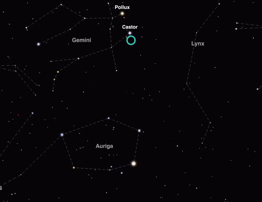 Bản đồ bầu trời mưa sao băng hiển thị vị trí của điểm phát mưa sao băng (hình tròn) trên bầu trời đêm Hà Nội 14.12 . Sao băng có thể xuất hiện ở bất kỳ phần nào của bầu trời, không chỉ gần điểm phát. Ảnh: Time and Date