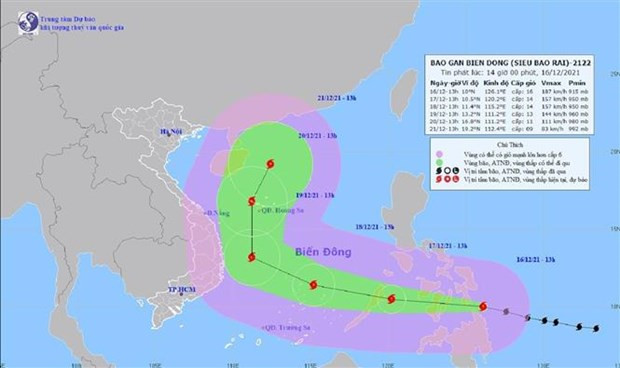 Đường đi của siêu bão Rai trên biển Đông. (Ảnh: TTXVN) Đường đi của siêu bão Rai trên biển Đông. (Ảnh: TTXVN)