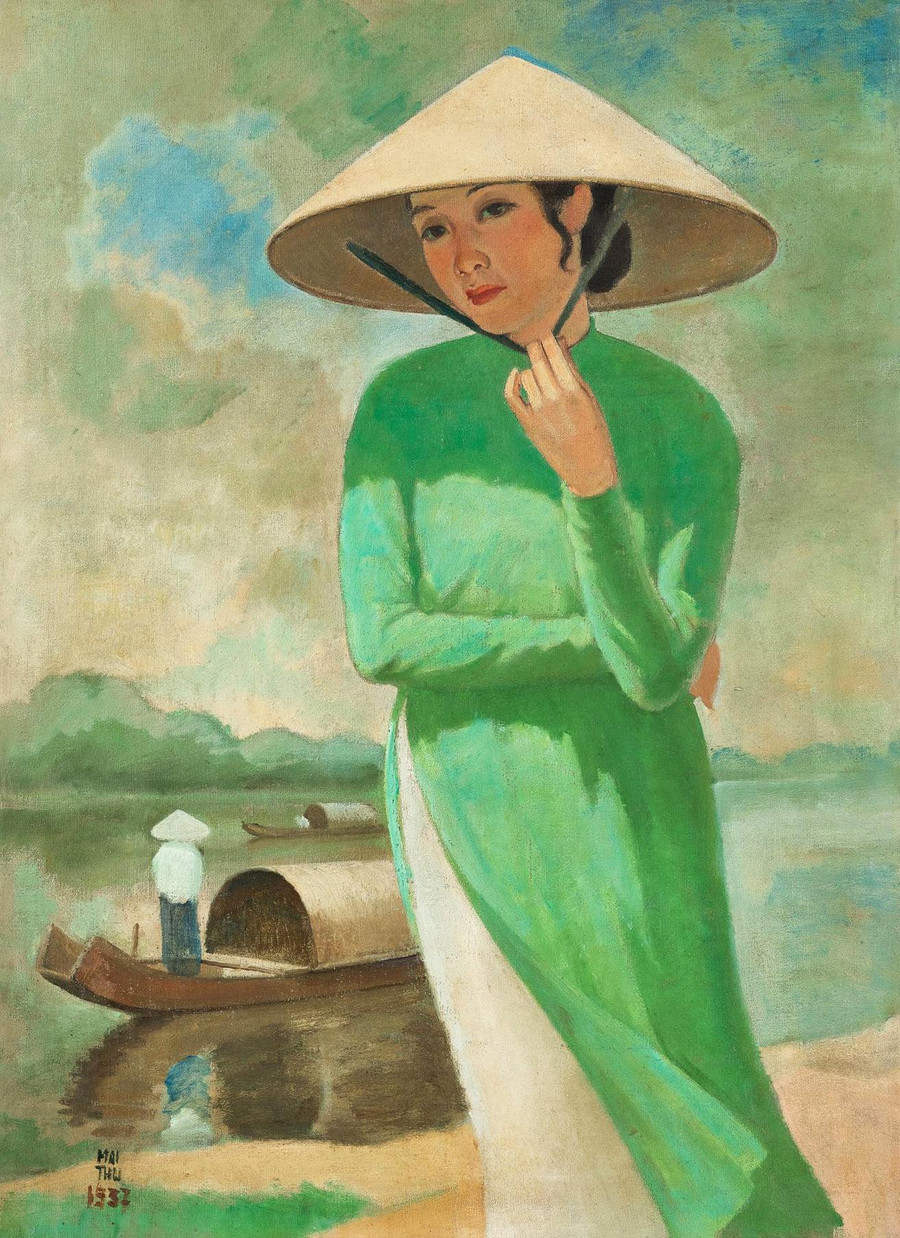 Thiếu phụ bên sông, sơn mài trên toan, 98cm x 70cm, 1937) của họa sĩ Mai Trung Thứ có giá ước định từ 5.000.000 đến 7.000.000 HKD (tương đương từ 641.000 đến 897.000 USD). Ảnh: T.L Lý Đợi