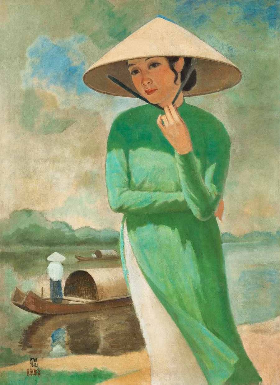 Thiếu phụ bên sông, sơn mài trên toan, 98cm x 70cm, 1937) của họa sĩ Mai Trung Thứ có giá ước định từ 5.000.000 đến 7.000.000 HKD (tương đương từ 641.000 đến 897.000 USD). Ảnh: T.L Lý Đợi