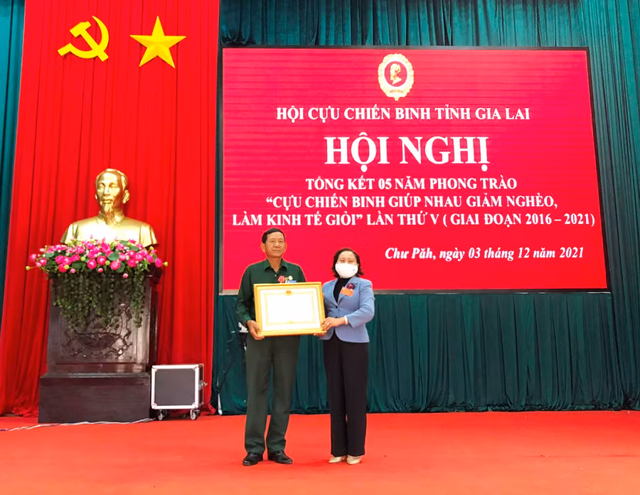  Thừa ủy nhiệm của Chủ tịch Nước Cộng hòa xã hội chủ nghĩa Việt Nam, Phó Chủ tich HĐND tỉnh Ayun H'Bút trao Huân chương lao động hạng nhất cho ông Ngô Công Đoan. Ảnh: Yến Dung