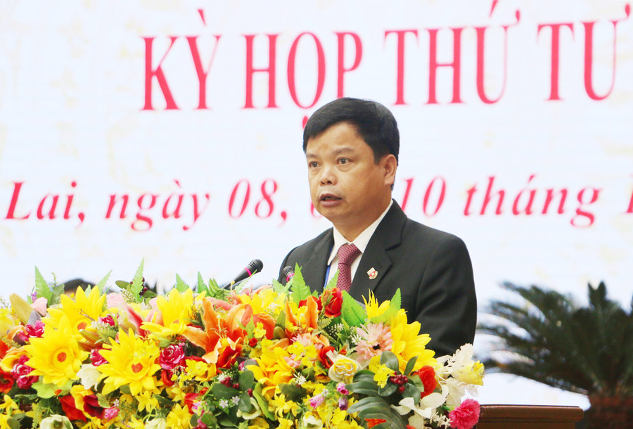 Giám đốc Sở Kế hoạch và Đầu tư Nguyễn Hữu Quế thay mặt UBND tỉnh trình bay một số dự thảo nghị quyết. Ảnh: Tấn Thi