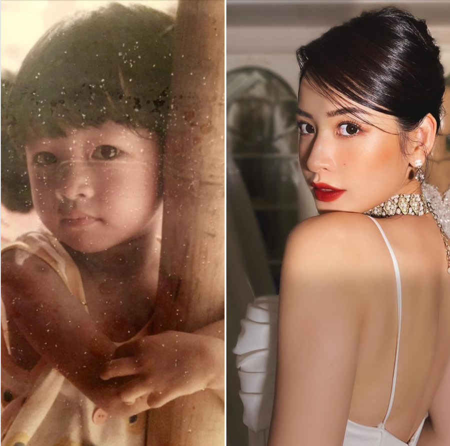 Chi Pu cùng ảnh lúc nhỏ. Có thể thấy Chi Pu xinh đẹp từ bé, với điểm nhấn trên khuôn mặt là đôi mắt to tròn cực dễ thương. Ảnh: NVCC.