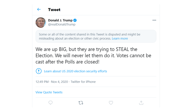 Một đăng tải khác của ông Trump bị dán nhãn có thể gây tranh cãi hoặc hiểu lầm Ảnh: Twitter