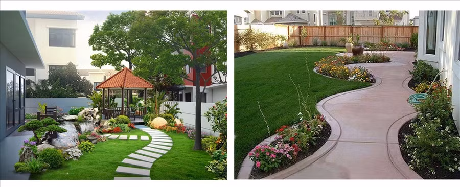 Mẫu thiết kế lối đi sân vườn làm từ bê tông. (Đồ họa: Trang Thiều)