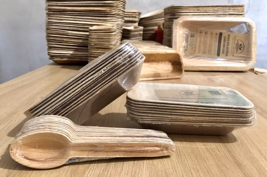 Trong một lần gặp đối tác người Ấn Độ, tình cờ, Tịnh được xem sản phẩm từ mo cau của nước bạn. Từ đó, anh đã nảy sinh ý tưởng sản xuất các sản phẩm từ mo cau. Ảnh: S.T