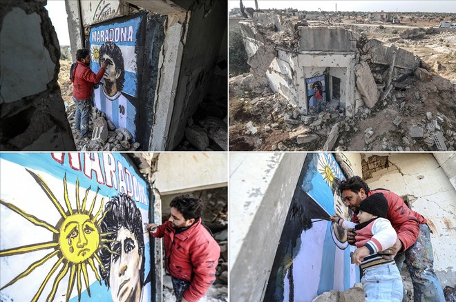 Họa sĩ Aziz al-Asmar vẽ thần tượng Maradona - Ảnh: Anadolu Agency