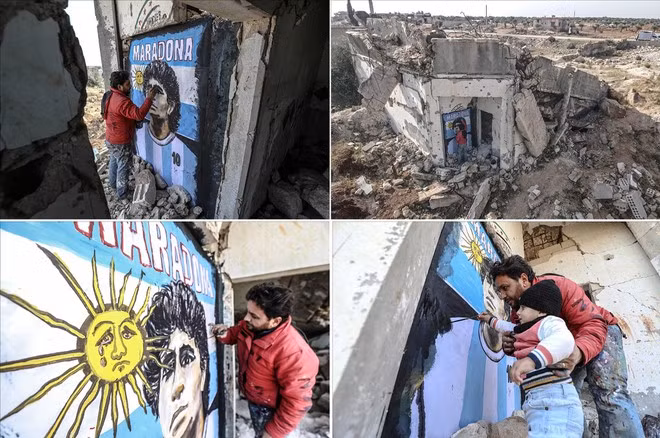  Họa sĩ Aziz al-Asmar vẽ thần tượng Maradona - Ảnh: Anadolu Agency