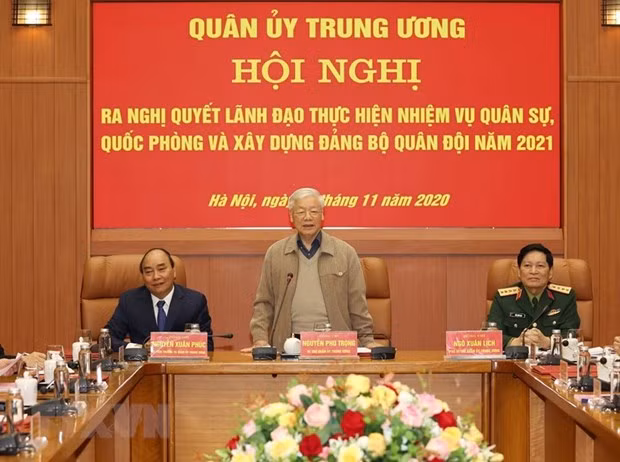  Tổng Bí thư, Chủ tịch nước Nguyễn Phú Trọng, Bí thư Quân ủy Trung ương chủ trì Hội nghị. (Ảnh: Trí Dũng/TTXVN)