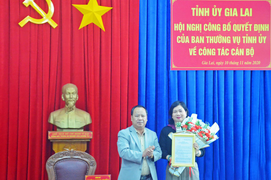 Đồng chí Châu Ngọc Tuấn-Phó Bí thư Thường trực Tỉnh ủy, Chủ tịch HĐND tỉnh trao quyết định cho đồng chí Phạm Thị Tố Hải. Ảnh: Phương Linh