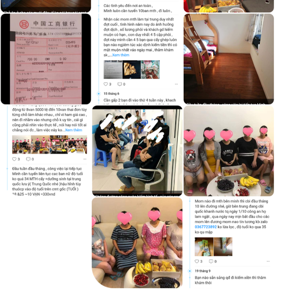 Một trang công khai tuyển phụ nữ đi Trung Quốc mang thai thuê - Ảnh: Tâm Lê chụp màn hình