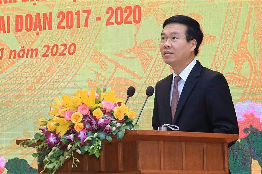 Uỷ viên Bộ Chính trị, Bí thư Trung ương Đảng, Trưởng Ban Tuyên giáo Trung ương Võ Văn Thưởng phát biểu tại Hội nghị. 