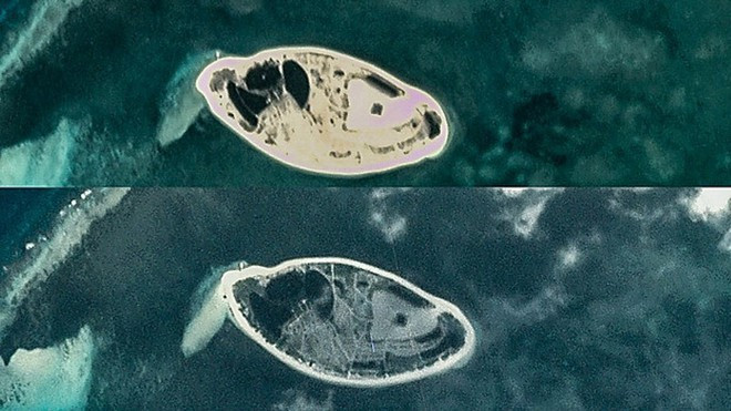 Hình ảnh vệ tinh Cồn Cát Tây ngày 14.5 (trên) và 6.10 - Ảnh chụp màn hình BenarNews Hình ảnh vệ tinh Cồn Cát Tây ngày 14.5 (trên) và 6.10 - Ảnh chụp màn hình BenarNews