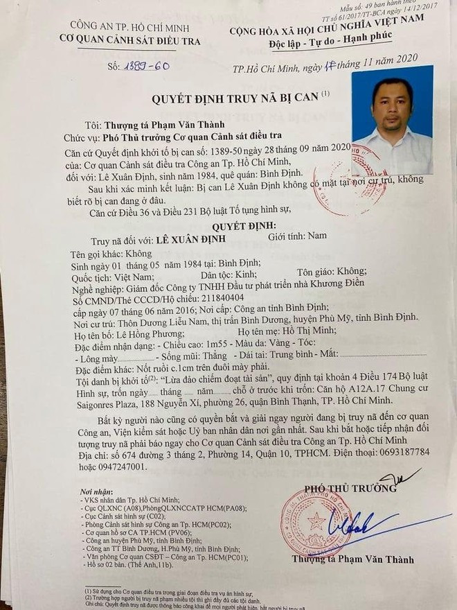 Quyết định truy nã Lê Xuân Định - Ảnh: Công an cung cấp Quyết định truy nã Lê Xuân Định - Ảnh: Công an cung cấp