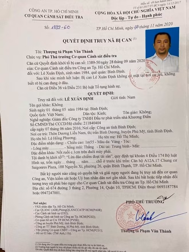 Quyết định truy nã Lê Xuân Định - Ảnh: Công an cung cấp