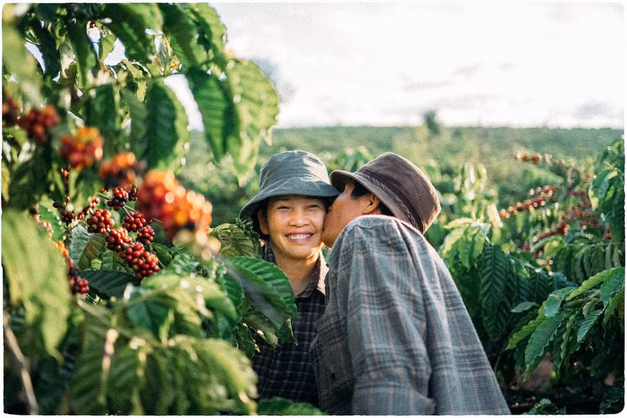 Thỉnh thoảng ông lại trao cho bà nụ hôn lên má. Ảnh: Lưu Xuân Đức