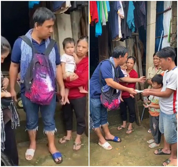 Ngoài trao tận tay tiền mặt cho người dân có hoàn cảnh khó khăn, MC Quyền Linh cởi mở trò chuyện cùng người dân vùng lũ.