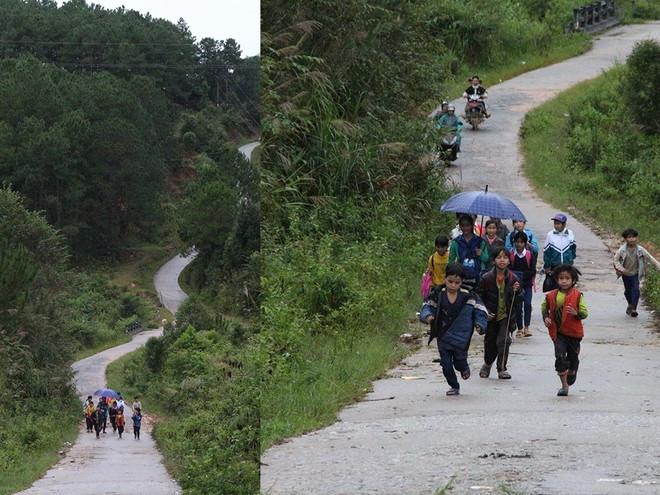 Sau khi leo mấy quả đồi, từng tốp học sinh chạy vội đến lớp cho kịp giờ học. ẢNH: ĐỨC NHẬT