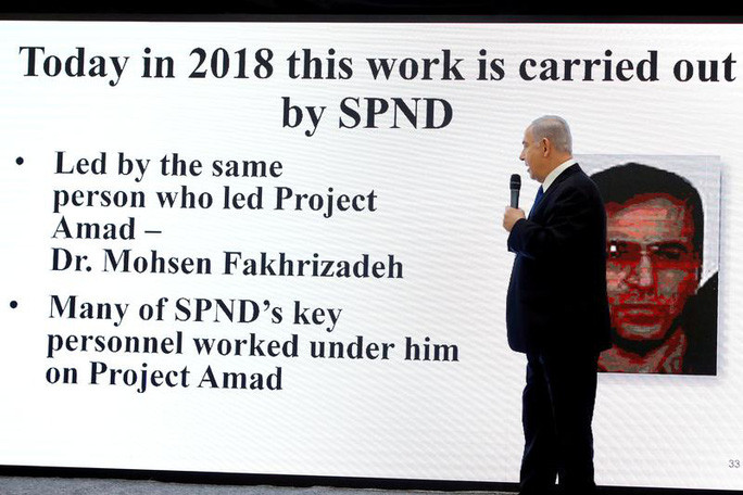 Thủ tướng Israeli Benjamin Netanyahy trình bày điều ông gọi là loạt tài liệu chứng minh Tehran nói dối về quy mô của các hoạt động hạt nhân trong quá khứ. Ảnh: Reuters Thủ tướng Israeli Benjamin Netanyahy trình bày điều ông gọi là loạt tài liệu chứng minh Tehran nói dối về quy mô của các hoạt động hạt nhân trong quá khứ. Ảnh: Reuters