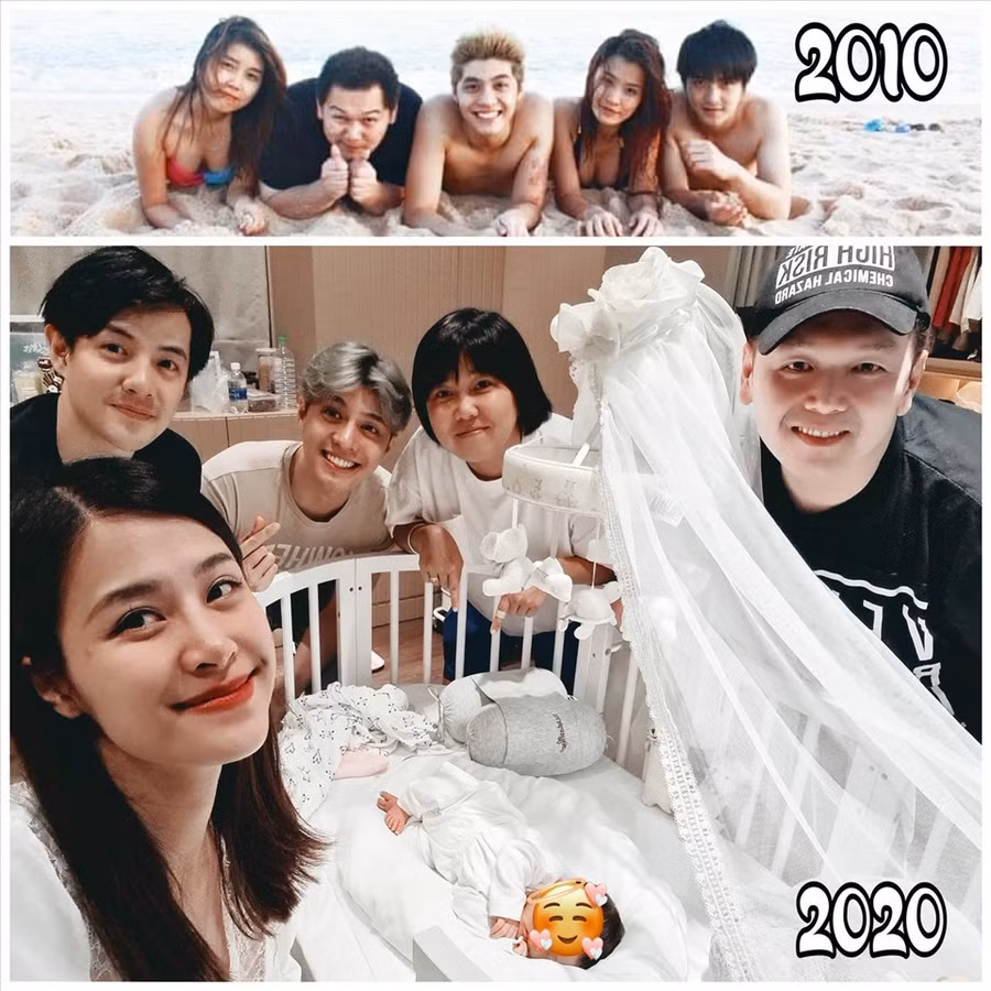 Đông Nhi đăng tải hình ảnh cùng với hội bạn thân 10 năm. Cô hài hước chia sẻ: “Tự nhiên sau 10 năm cái lòi ra một cục nhỏ chíu mà được cưng nhứt trong hội”. Ảnh: CMH.