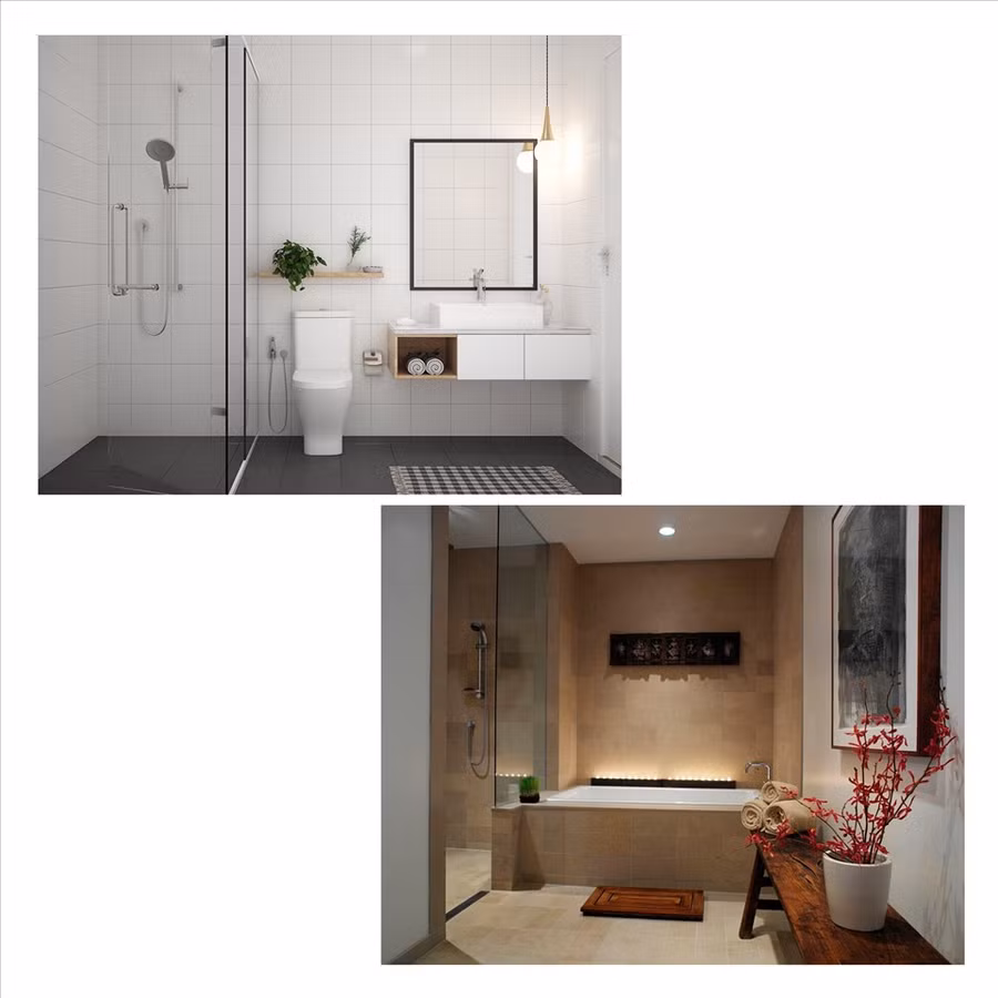 Gương là công cụ tốt tạo sự phản chiếu vừa giúp phòng tắm trông rộng vừa tăng độ sáng. Đồ họa: Phương Duy