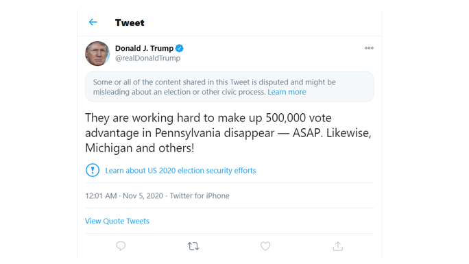 Một đăng tải của ông Trump bị dán nhãn cảnh báo. Ảnh: Twitter