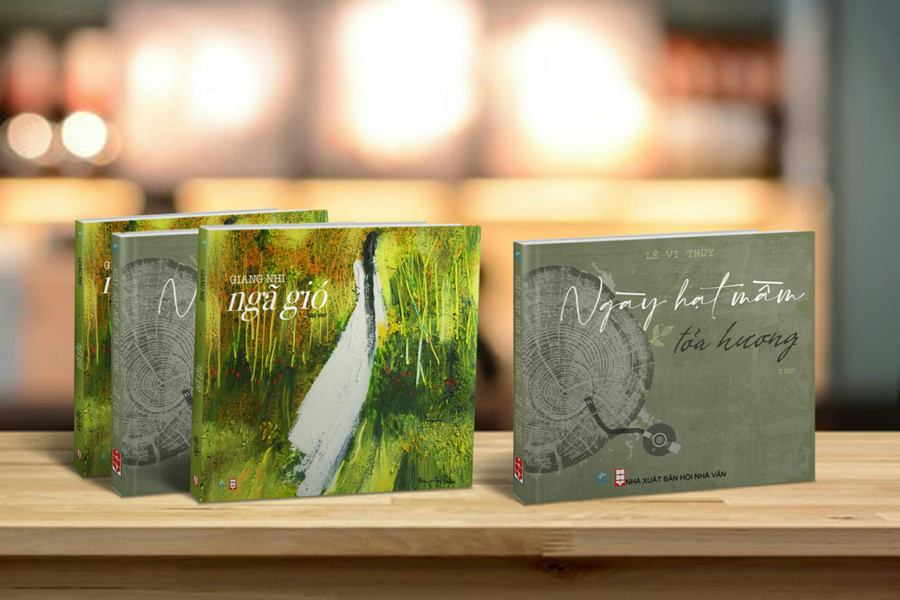 Bìa tập thơ “Ngã gió” của Giang Nhi và “Ngày hạt mầm tỏa hương” của Lê Vi Thủy. Ảnh: Khánh Châu