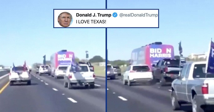  Xe buýt thuộc ê-kíp tranh cử của ứng viên tổng thống Đảng Dân chủ Joe Biden bị vây quanh. Ảnh cắt từ clip