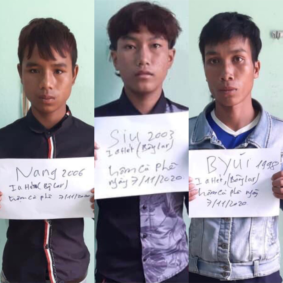 3 thanh niên bị bắt giữ khi đang chở cà phê đi bán. Ảnh: Văn Ngọc