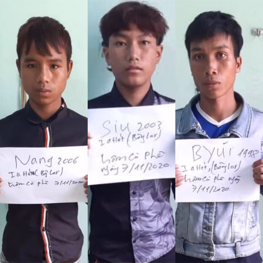 3 thanh niên bị bắt giữ khi đang chở cà phê đi bán. Ảnh: Văn Ngọc