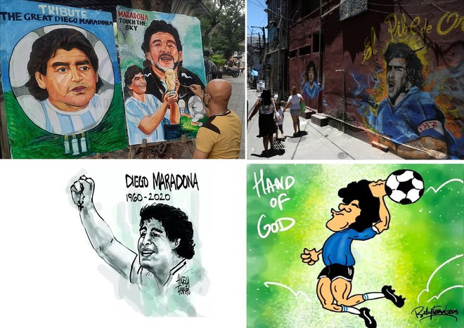  Họa sĩ Ấn Độ vẽ Maradona bên ngoài xưởng vẽ ở thủ phủ Mumbai (trên, bên trái). Tác phẩm về “cậu bé vàng” của họa sĩ graffiti Angelo Campos (trên, bên phải). Phía dưới là hai tác phẩm của hai họa sĩ minh họa ở Ấn Độ - Ảnh: Anadolu Agency, Reuters, Times of India