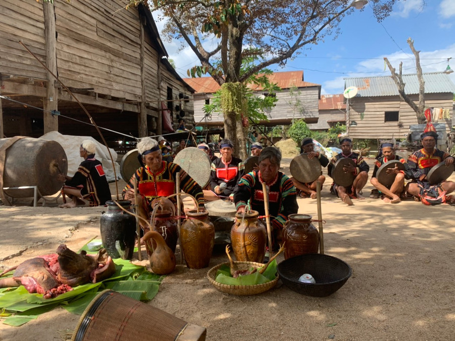 Già làng thực hiện nghi lễ cúng. Lễ vật gồm heo, gà và rượu ghè. Người Jrai cho rằng, các vị thần linh cũng có tình cảm như con người. Vì vậy cúng thần càng nhiều lễ vật với tấm lòng thành thì sẽ nhận lại sự g