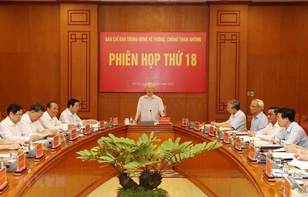 Tổng Bí thư, Chủ tịch nước Nguyễn Phú Trọng phát biểu chỉ đạo tại Phiên họp thứ 18, Ban Chỉ đạo Trung ương về phòng, chống tham nhũng. 