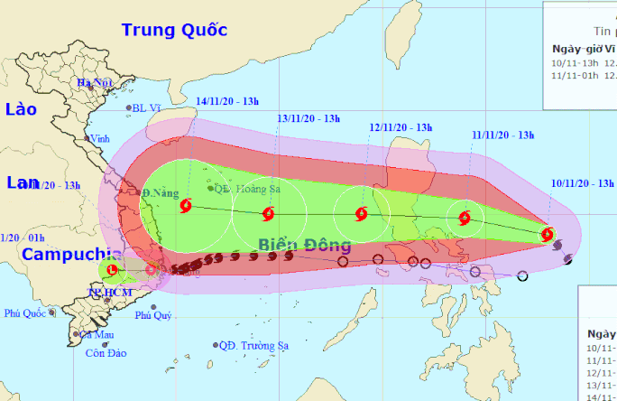 Dự báo vị trí và đường đi của bão Vamco - Nguồn: Trung tâm Dự báo khí tượng thủy văn quốc gia