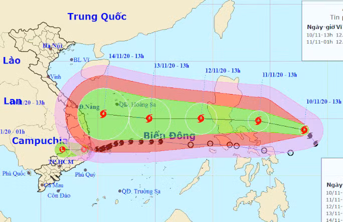 Dự báo vị trí và đường đi của bão Vamco - Nguồn: Trung tâm Dự báo khí tượng thủy văn quốc gia