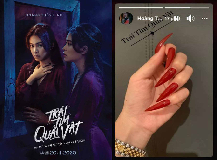 Hoàng Thùy Linh thích thú với điểm mới lạ trên bàn tay, chờ ngày “Trái tim quái vật” công chiếu. Đó là bộ móng màu đỏ nổi bật cô mới làm. “Còn hai ngày nữa thôi, “Trái tim quái vật sẽ có buổi công chiếu đầu tiên rồi. 20/11 phim sẽ chiếu chính thức, cả nhà đón xem nha”.