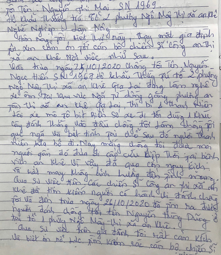 Người dân viết thư cảm ơn Công an thị xã An Khê ảnh 2 Lá thư cảm ơn. Ảnh: Thúy Trinh