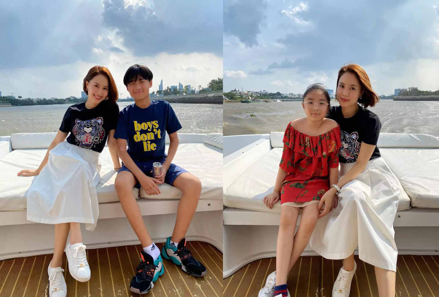 Hồng Diễm rạng rỡ bên hai con, tranh thủ cùng gia đình vui chơi.